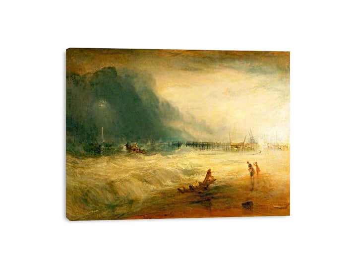 Lifeboat and Manby Apparatus going off to a stranded vessel making signal blue lights of distress , c.1831  Painting