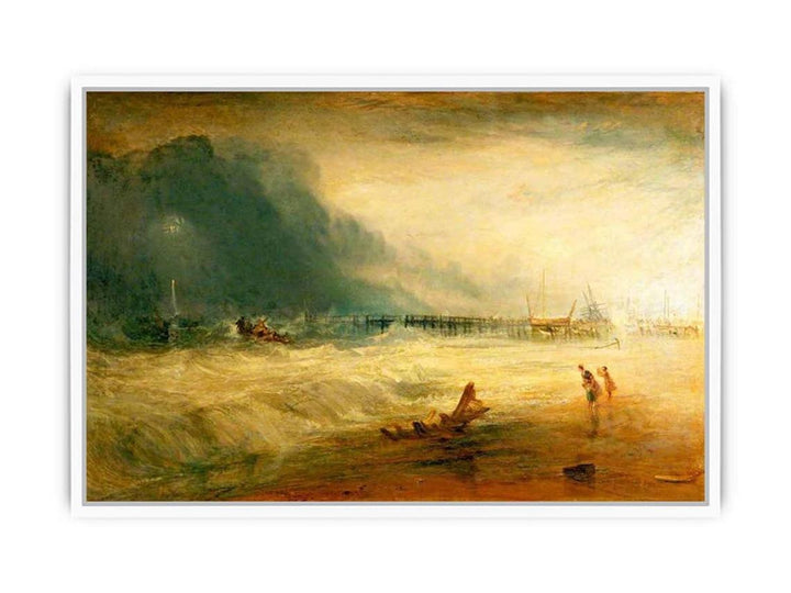 Lifeboat and Manby Apparatus going off to a stranded vessel making signal blue lights of distress , c.1831 Framed Print
