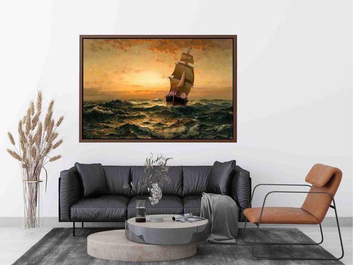 Ship at Sea, Sunset Painting
