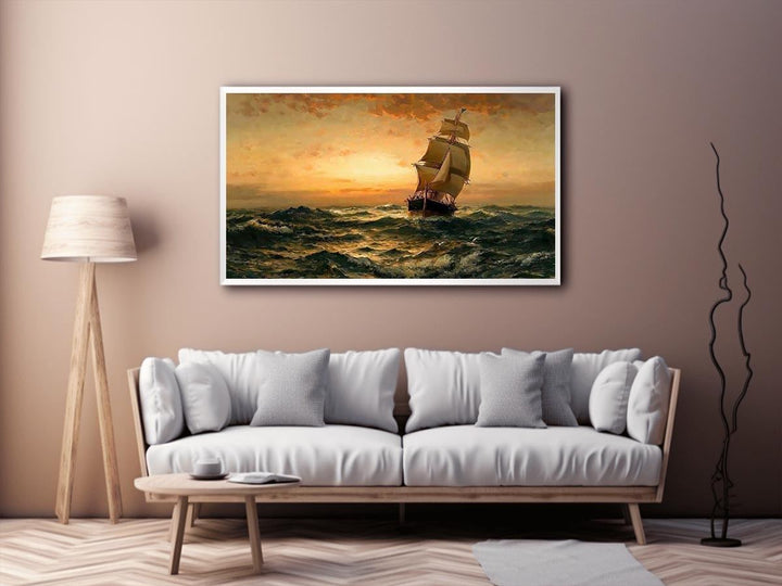 Ship at Sea, Sunset  Painting