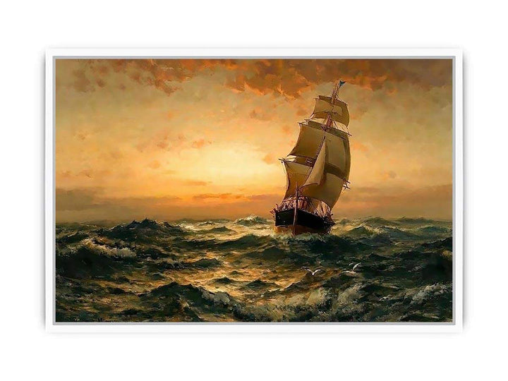Ship at Sea, Sunset Framed Print