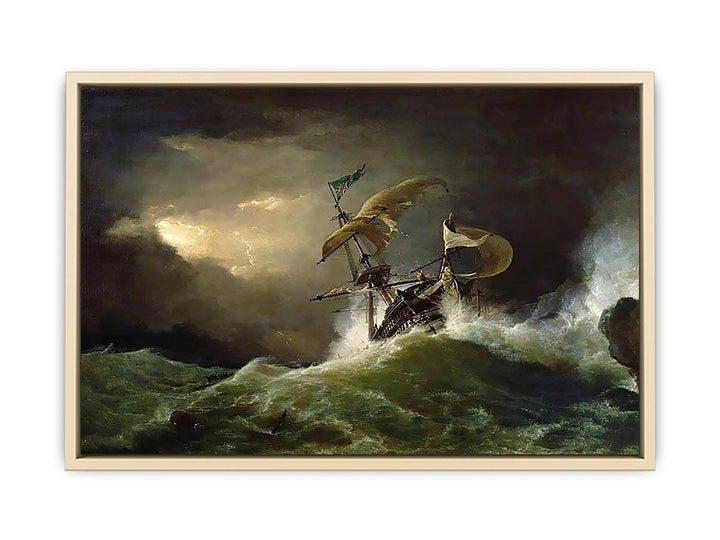 A First rate Man-of-War driven onto a reef of rocks, floundering in a gale  Art Print