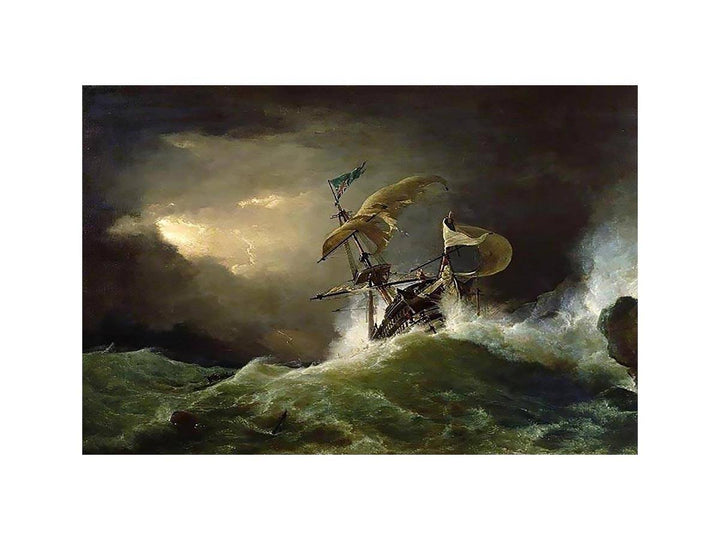 A First rate Man-of-War driven onto a reef of rocks, floundering in a gale

