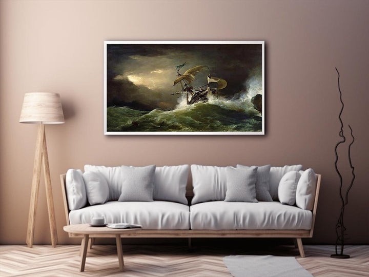 A First rate Man-of-War driven onto a reef of rocks, floundering in a gale  Painting
