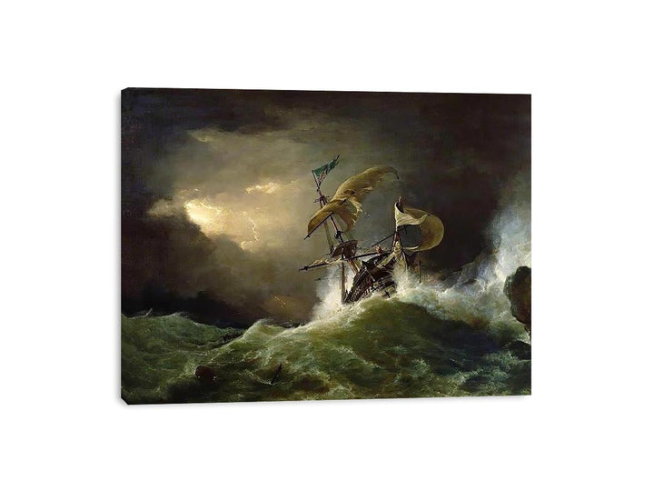 A First rate Man-of-War driven onto a reef of rocks, floundering in a gale  Painting