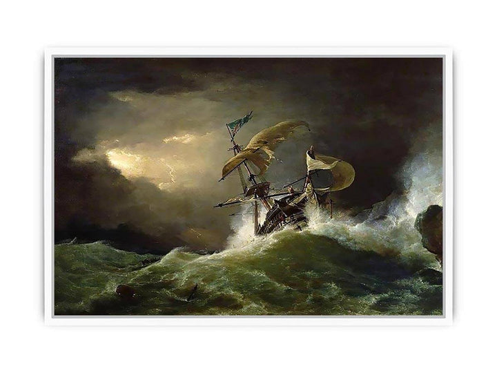 A First rate Man-of-War driven onto a reef of rocks, floundering in a gale Framed Print