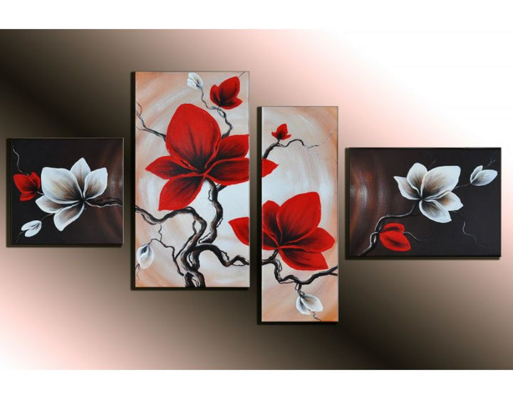 4 Panel Red And White Flower Painting 