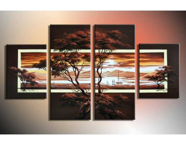 4 Panel Brown Tree Wall Art Painting Set 
