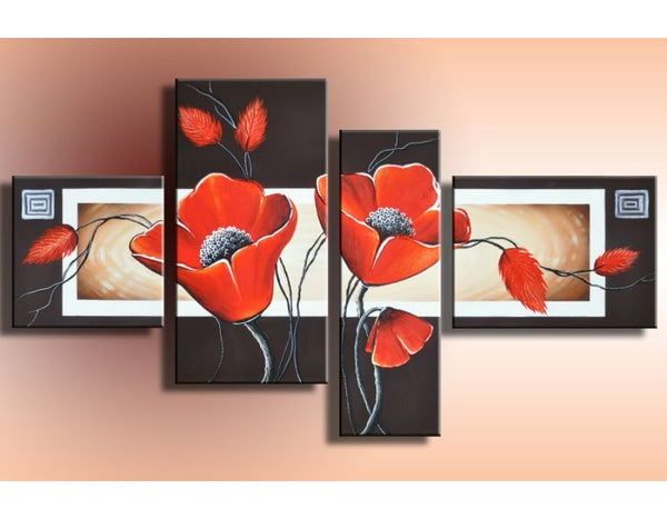 4 Panel Orange Flower Group Art Painting Set 