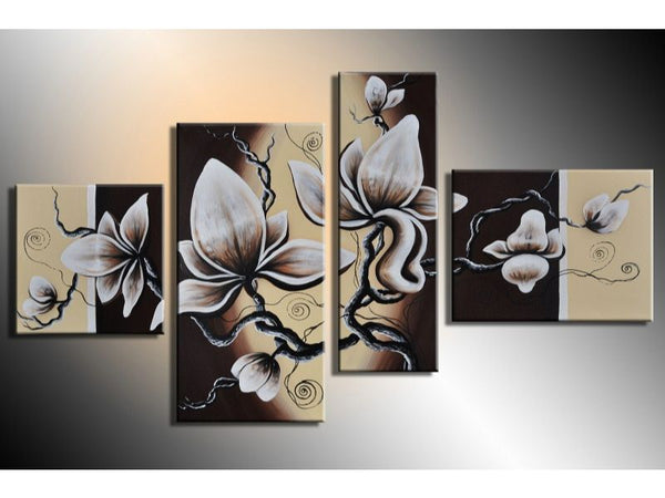 White And Brown Flower 4 Panel Oil Painting 