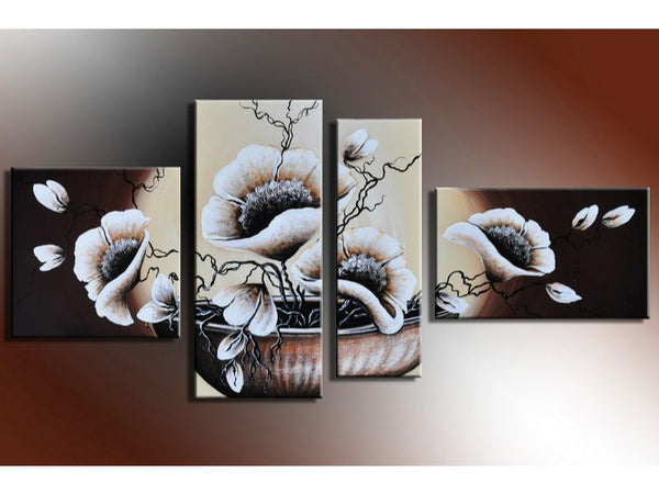 White Brown Flower 4 Panel Painting 