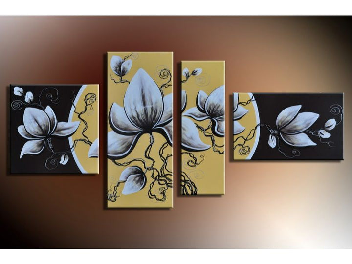 4 Panel Gold And White Flower Painting 