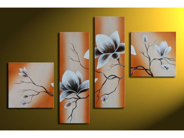 White Brown Flower 4 Panel Painting Set 