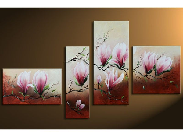 4 Panel Pink Flower Painting Set 