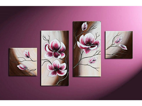 4 Panel White Pink Flower Painting 