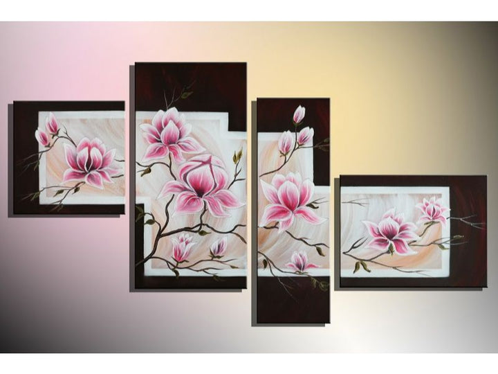 4 Panel Pink Flower With Green Leaf Painting 