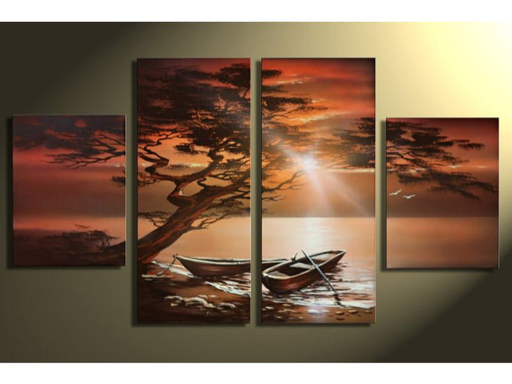 4 Panel Brown Boat Painting Set 