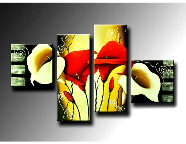 4 Panel Yellow Red Flower Painting 