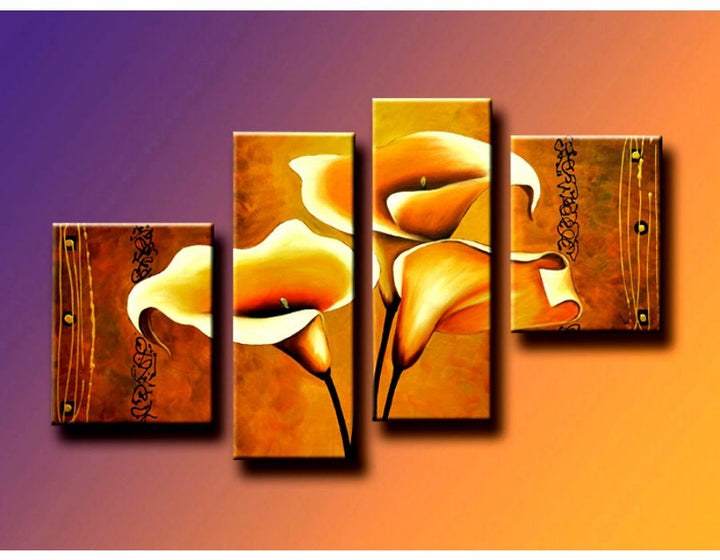4 Panel Yellow And Brown Flower Painting 