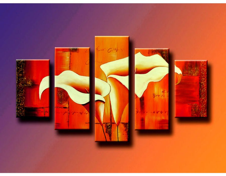 5 Panel Yellow Red Flower Painting Wall Art Set 