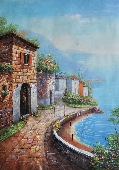 Knife Art Houses Bank Lake Mediterranean Painting 